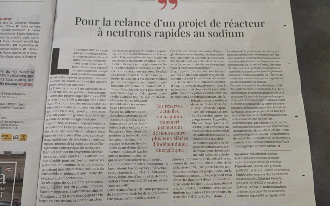 Elle dit qu’il y a 30 ans, la France était leader dans la technologie des Réacteurs à Neutrons Rapides (RNR). Initiés par les projets Superphénix et Astrid, (pardon aux spécialistes pour mes approximations), les RNR produisent de l’électricité à partir des déchets nucléaires. Ce qui fait passer lle statut de ces derniers de sujets de polémiques politiciennes (fort utile pour s'engueuler au bistrot) à celui de combustibles salutaires (fort utile pour produire de l'électricité