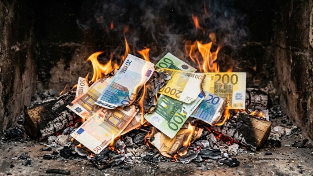 Billets en euros en train de brûler, symbole de la dette française et des dettosceptiques