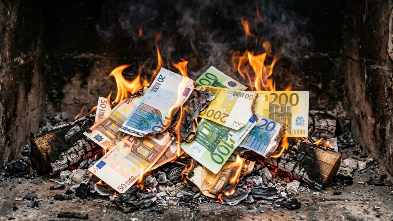 Billets en euros en train de brûler, symbole de la dette française et des dettosceptiques