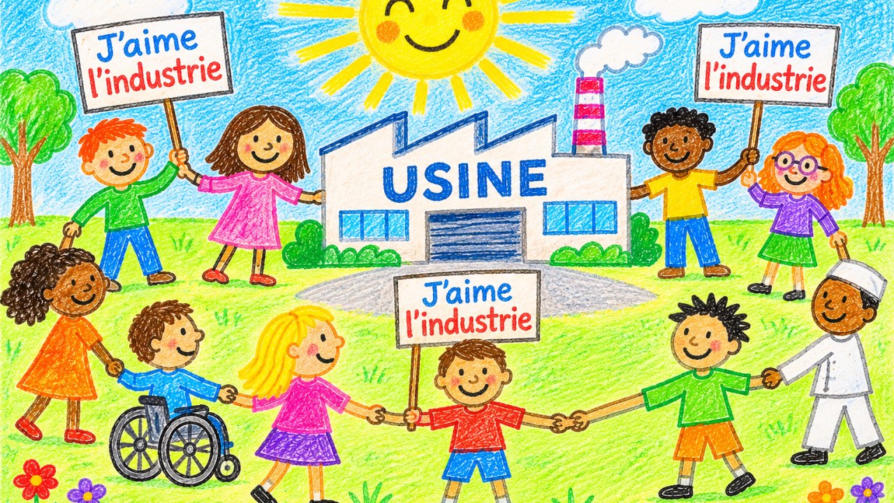 Dessin d’enfants faisant la ronde autour d’une usine avec des pancartes « J’aime l’industrie »